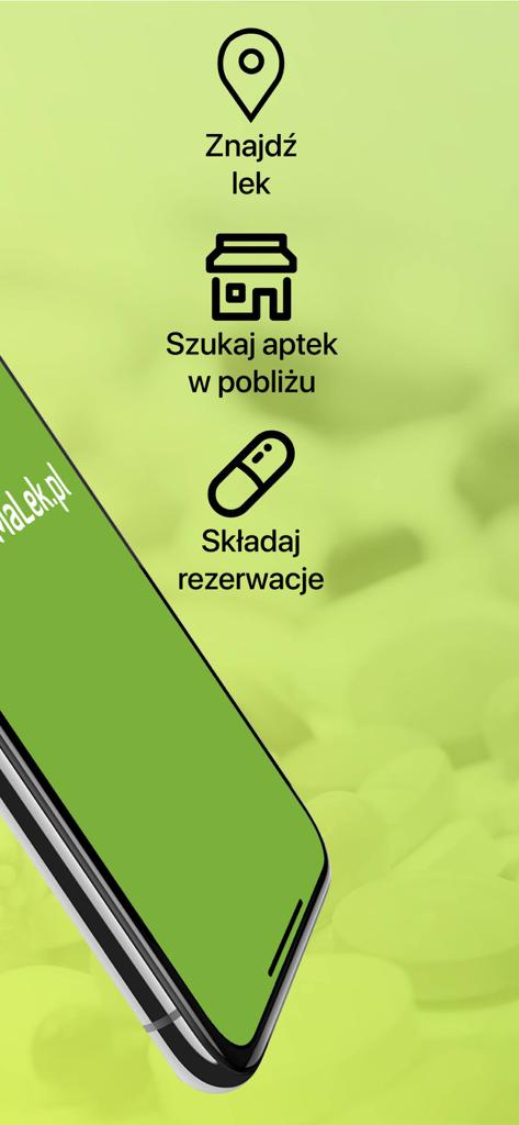 Interface do aplicativo KtoMaLek mostrando recursos para encontrar medicamentos, pesquisar farmácias próximas e fazer reservas