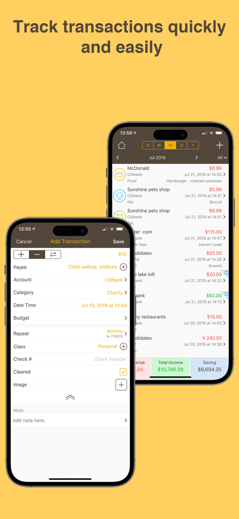 Money Monitor Pro app screens for tracking and adding financial transactions