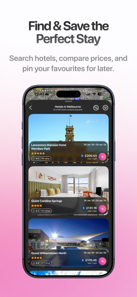 Pogo - Trip Planner - Smartphone screen showing a list of hotels in Melbourne within the Pogo app allowing users to compare prices and pin favorites
