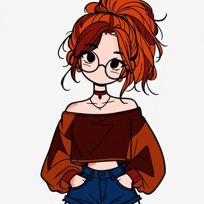 girl with a messy ponytail glasses a baggy crop top and jean shorts