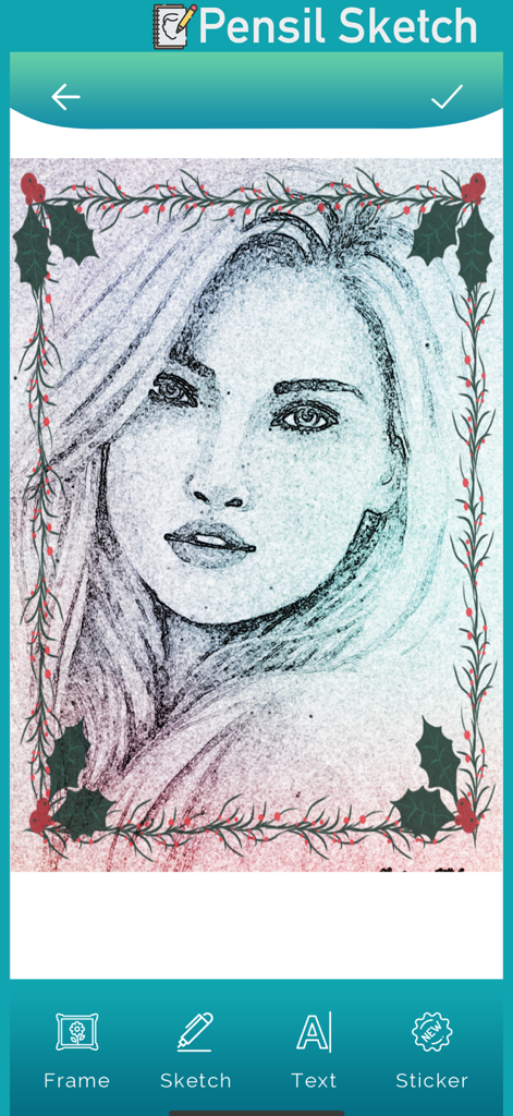 Pensil Sketch Art : SketchSnap - A pencil sketch portrait of a woman with a decorative floral frame in the SketchSnap app interface