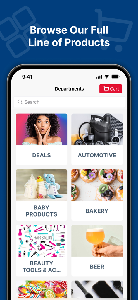 iMart Stores - iMart Stores mobile app showing various shopping categories like baby products bakery and beauty tools