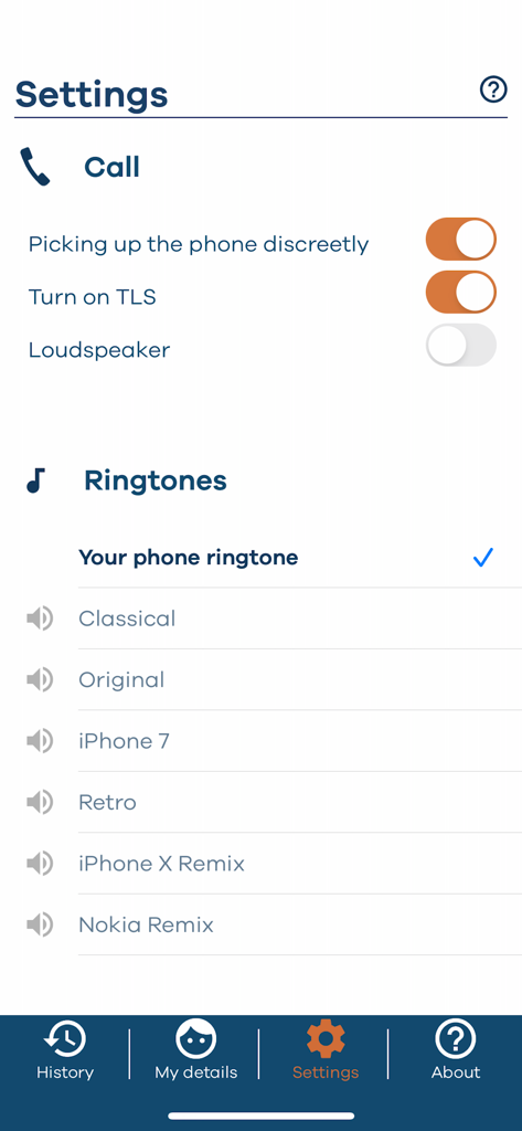 My Intratone - My Intratoneアプリの設定インターフェース。通話設定と着信音の選択が表示されています。