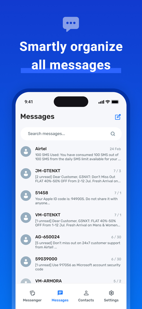 Smartphone screen showing organized text messages in the Messenger All app