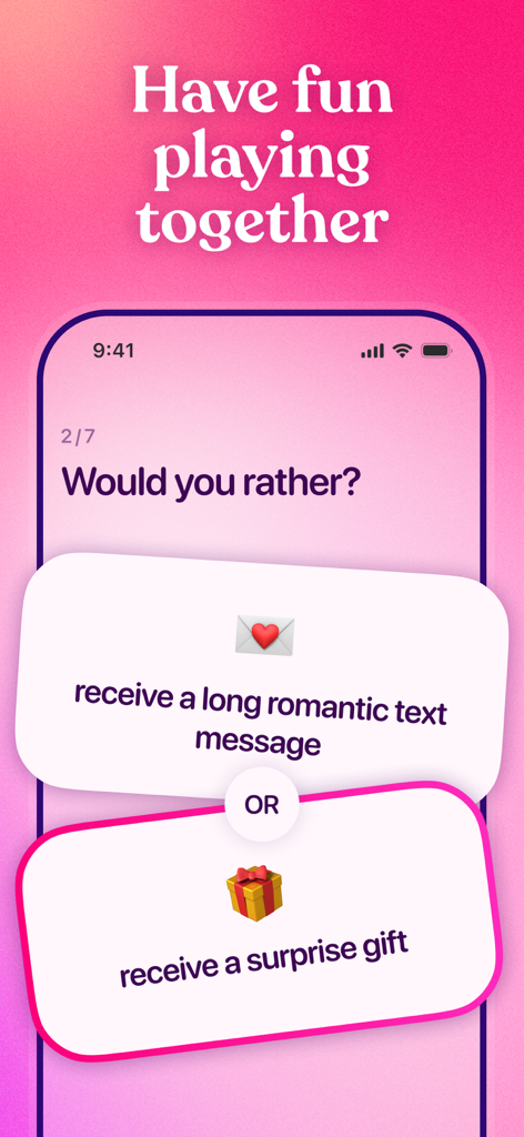 Screenshot of Couple Joy app showing a Would you rather game interface for partners to play together