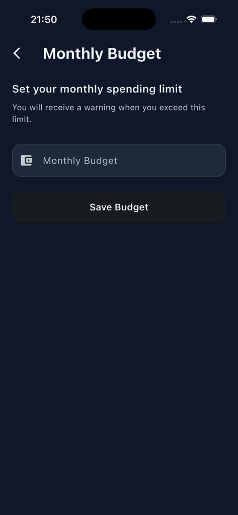 vaultify -safe - Screenshot of the Vaultify app Monthly Budget screen where users can set a monthly spending limit.
