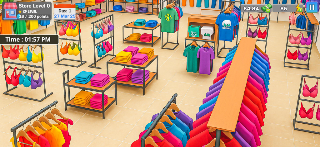 My Garments Shop Wear Sim Game - My Garments Shopゲームの、カラフルな洋服ラックと畳まれた衣類が見えるブティックの内部