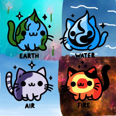 4 cats that represent the different elements, earth, water, air, and fire