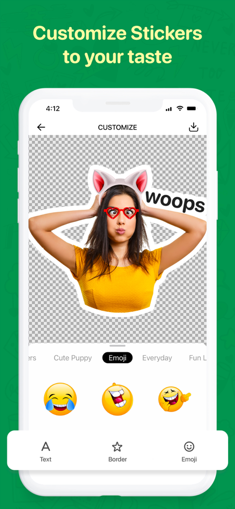 WaSticker - Sticker Maker - Interface of WaSticker app showing a customized photo sticker with kitty ears and heart glasses.