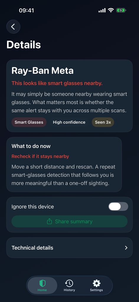 Nearby Glasses Scanner - A screenshot of the Nearby Glasses Scanner app showing detailed information about a detected Ray Ban Meta smart glasses device