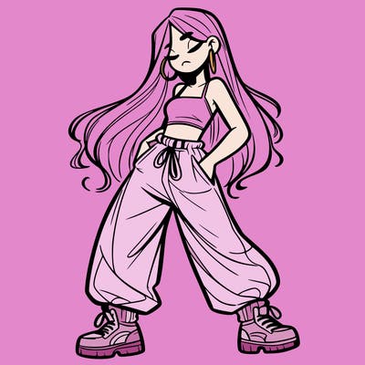 girl in baggy pants crop top and long hair