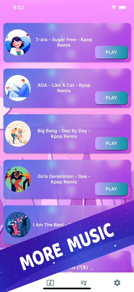 Piano Tiles: Tiles Hop 2020 - Écran de sélection de musique dans l'application montrant une variété de chansons de remix K-pop dans Piano Tiles