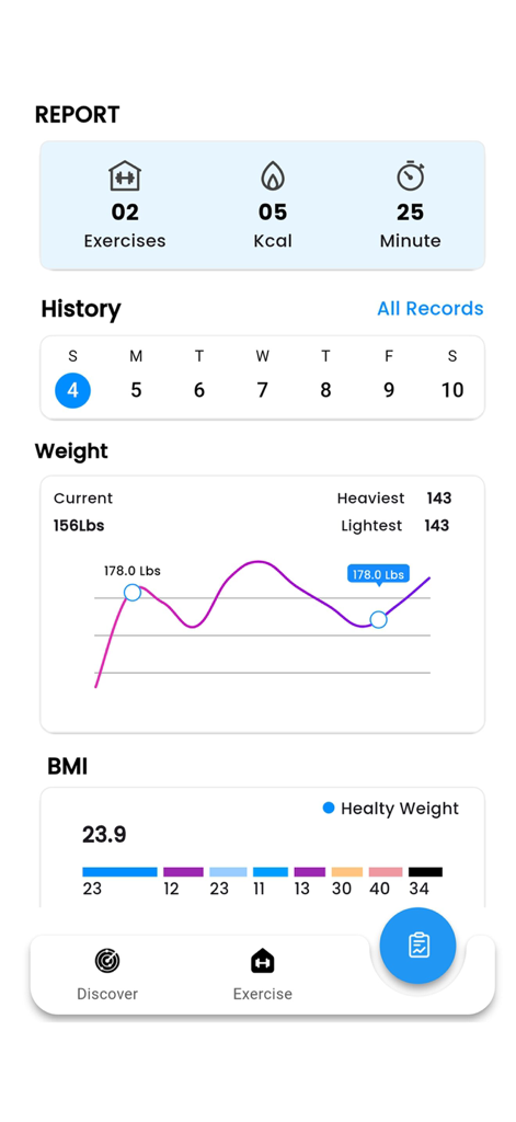 Home Workout: Tai Chi Exercise - Panel de control de la aplicación de Tai Chi mostrando historial de entrenamiento, gráfico de peso y estado del IMC.