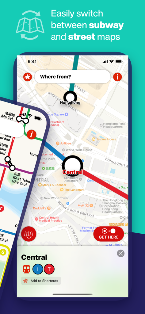 Hong Kong Metro Map & Routing - Wechseln Sie zwischen U-Bahn- und Straßenkarten in der Hong Kong Metro Navigations-App.