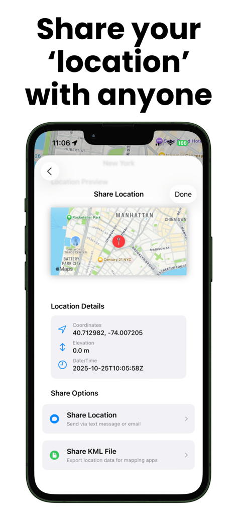 맨해튼 지도가 있는 KML 파일을 공유하고 내보내는 옵션을 보여주는 모바일 앱 화면입니다.