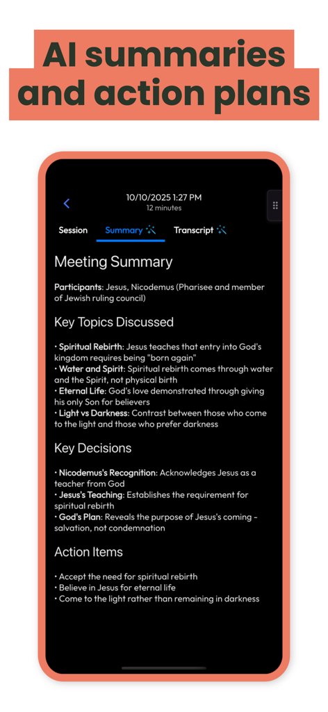 Live Voice Translator: Hope - A mobile screen showing an AI-generated summary of a spiritual meeting with key topics and action items.