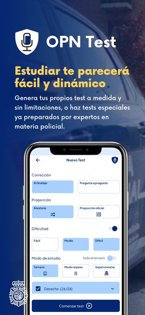 OPN Test Policía Nacional - Interfaz de la aplicación OPN Test que muestra la pantalla de configuración para un examen de práctica personalizado de la Policía Nacional española