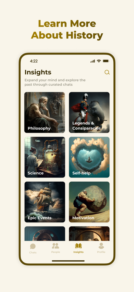 Hello History - AI Chat - Hello History app interface showing the Insights tab with curated categories like Philosophy Science and Epic Events.