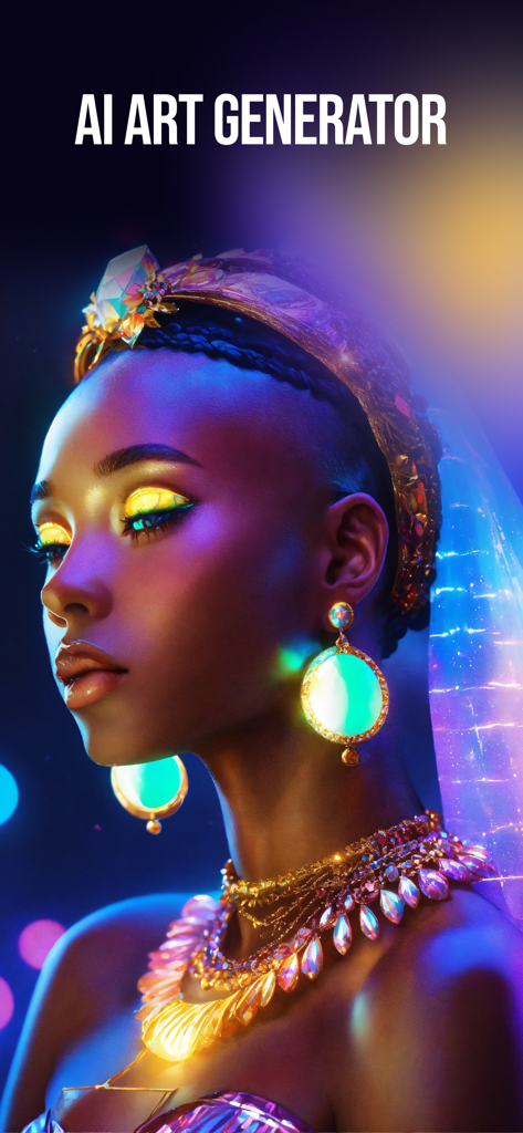 Imagine AI - Image generator - Retrato vibrante generado por IA de una mujer con joyas brillantes y maquillaje de neón.