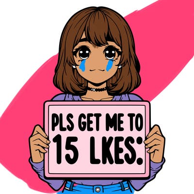 realistic girl holding up a sign that says “pls get me to 15 likes!”