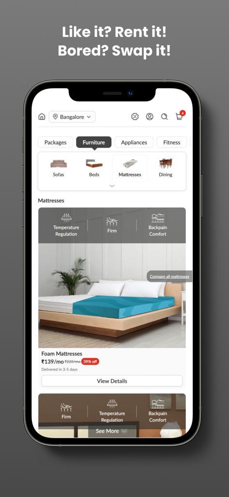 Rentomojoアプリのマッサージレンタルカテゴリ、価格、製品機能を月額料金と割引で表示する携帯電話