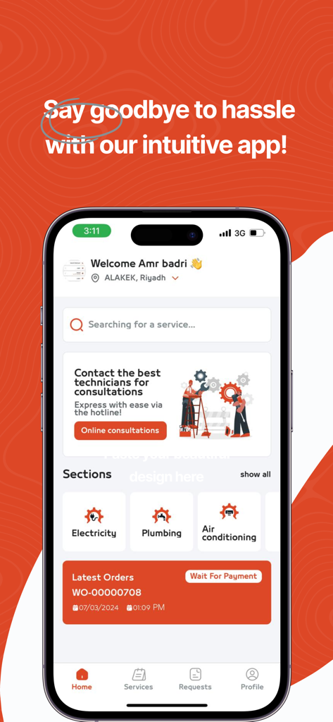 همه تك | Hemahtech - Hemahtech Mobile App Startbildschirm mit Servicekategorien für Elektro-, Sanitär- und Klimaanlagenwartung mit einem Banner für Beratungen