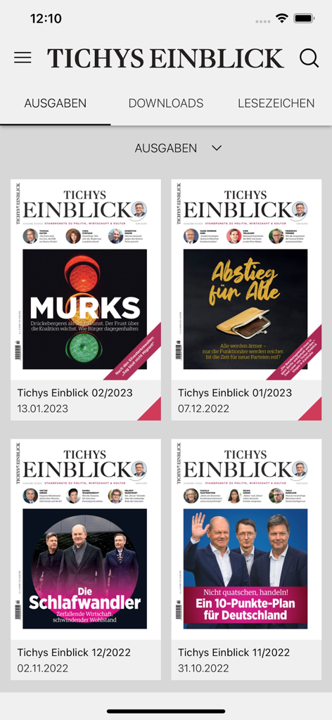 Pantalla de números de la revista Tichys Einblick que muestra múltiples portadas de revistas digitales.