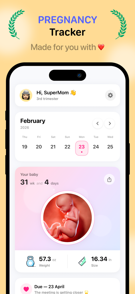 Dashboard of Mama Ai app showing pregnancy progress at 31 weeks with baby size and weight details