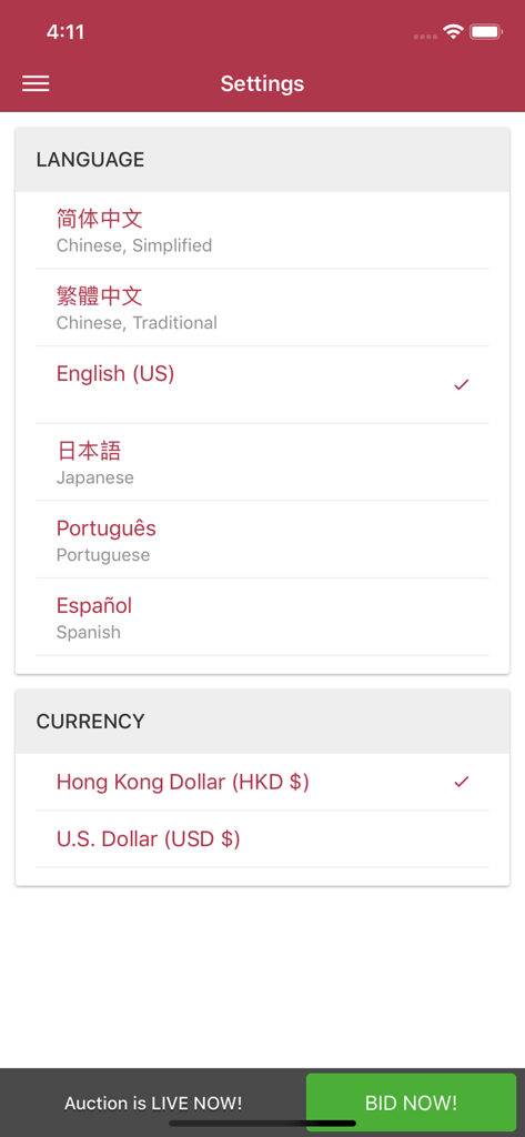 Acker Wines - Settings screen of the Acker Wines app showing language and currency selection options.