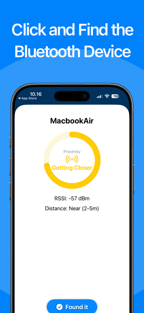 Bluetooth Device Finder • BLE - Smartphone screen showing the proximity radar of a Bluetooth device finder app tracking a lost item