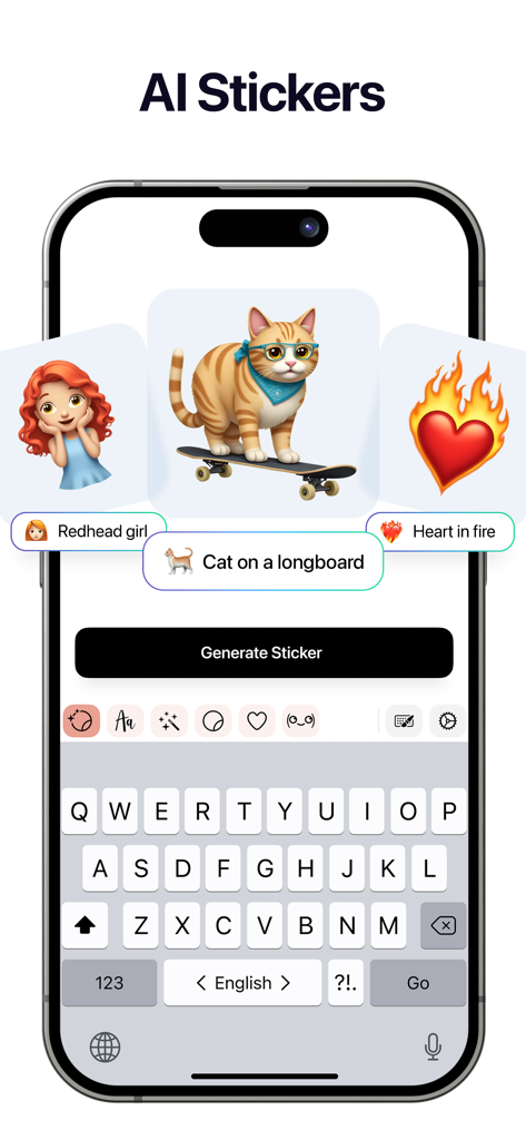 스케이트보드를 탄 고양이와 불타는 하트를 특징으로 하는 AI 스티커 생성을 보여주는 Fonts Art 앱의 모바일 인터페이스.