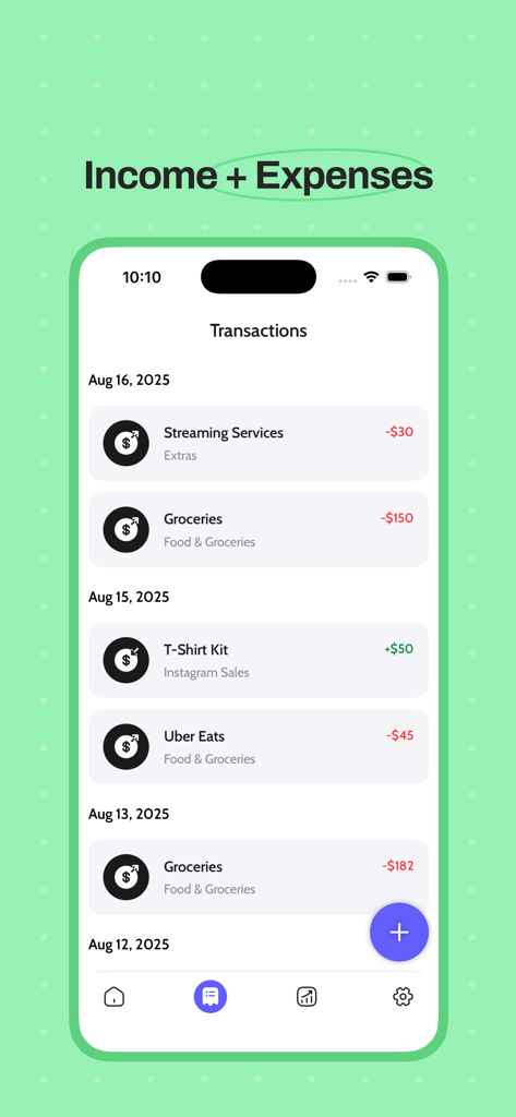 Walpat: Smart budgeting - Lista de transações do aplicativo Walpat mostrando renda e despesas categorizadas com uma interface limpa.