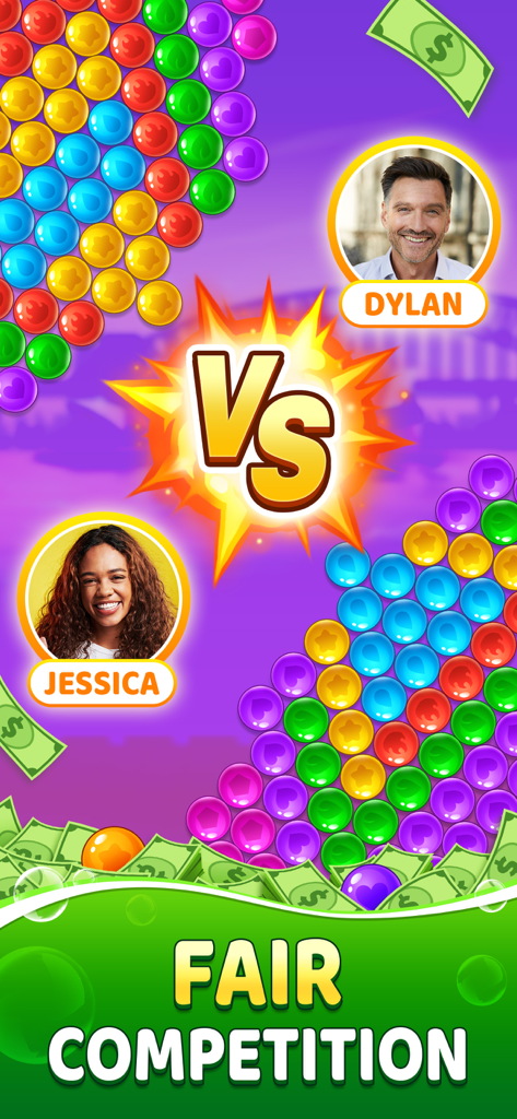 Bubble Clash: Win Real Cash - Multiplayer versus screen in Bubble Clash showing two players competing for cash prizes with fair matchmaking.