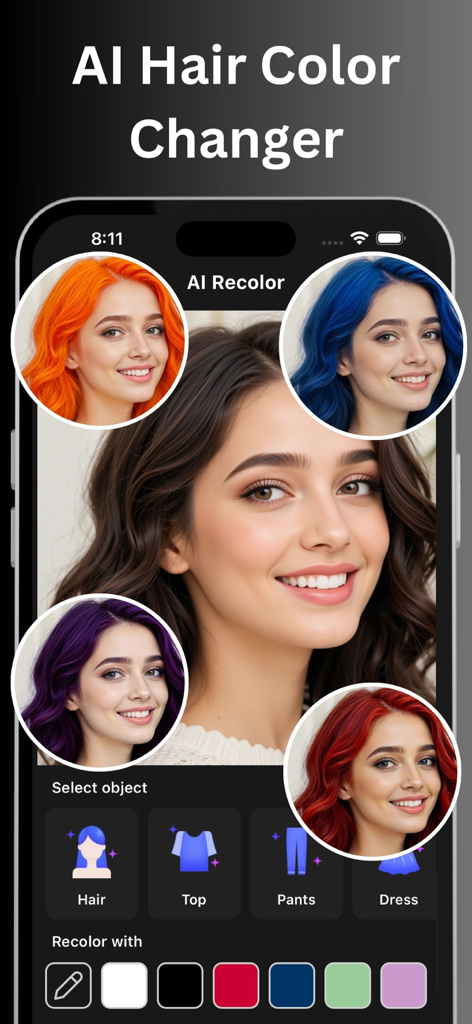 A mobile app interface showing a woman's face with various AI-generated hair color options like orange blue and purple