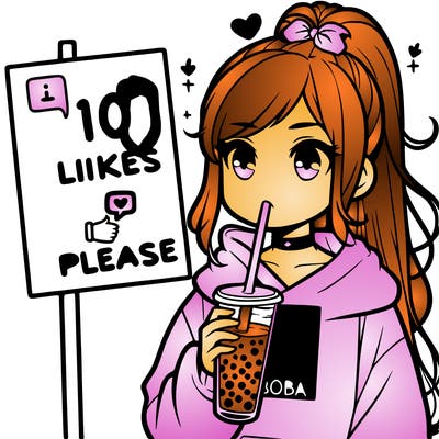 girl with a high ponytail and a hoodie drinking boba staring at a sign saying 10 likes please