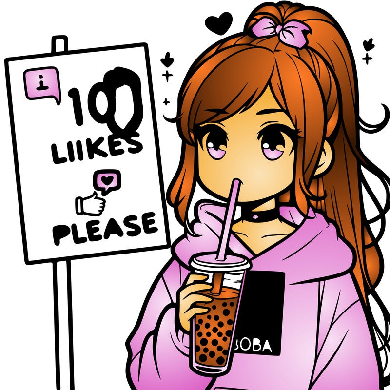 girl with a high ponytail and a hoodie drinking boba staring at a sign saying 10 likes please