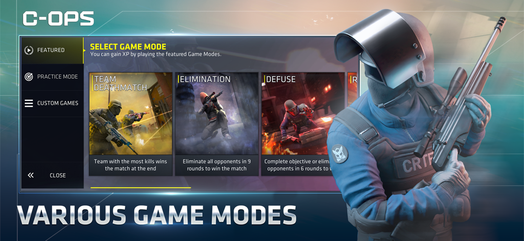 Critical Ops game mode selection menu displaying Team Deathmatch Elimination and Defuse modes