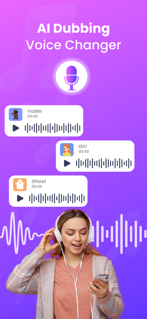 AIダビングアプリの画面には、VaderやGhostなどのキャラクターボイスオプションと、ヘッドホンを着用した女性が表示されています。