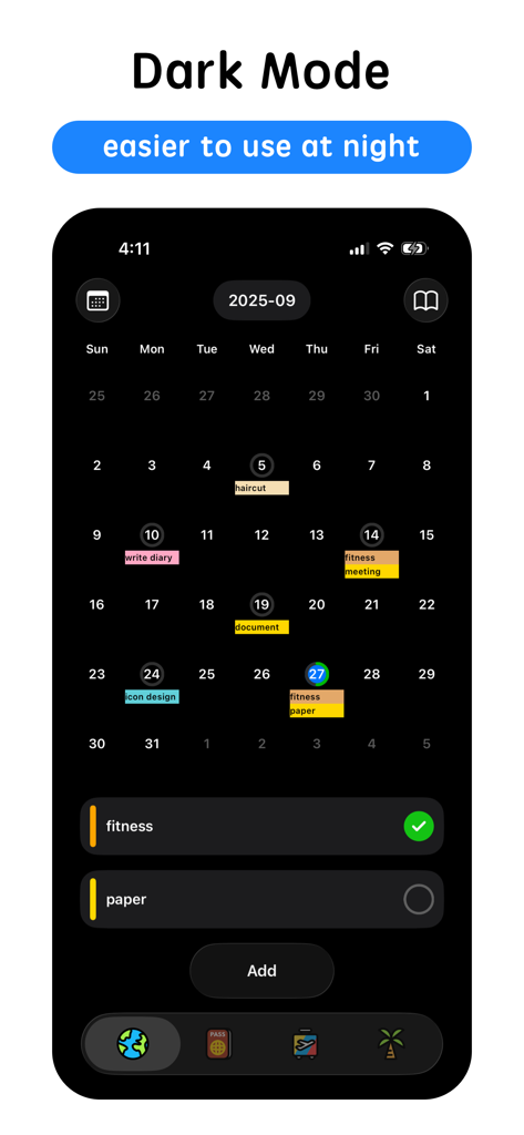 Kummy - Planner & Calendar - Kummy planner app interface in dark mode featuring a monthly calendar and task list