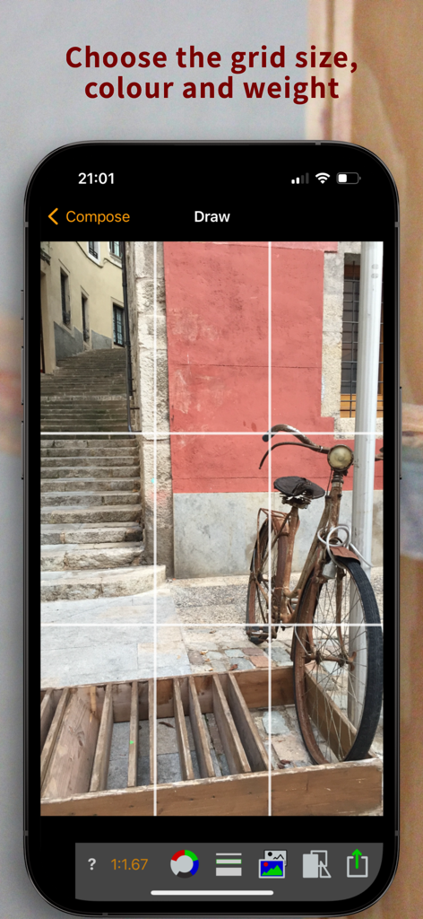 A smartphone showing the Sketch Grid app interface with a white grid overlaid on a reference photo of an old bicycle