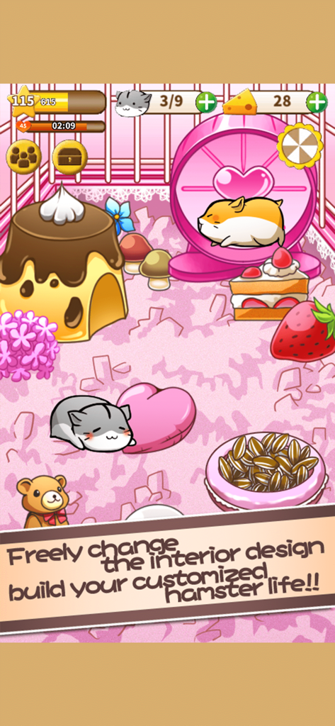 Hamster Life - A pink hamster room with cute decorations like a pudding house and sweets featuring hamsters on a wheel and sleeping.