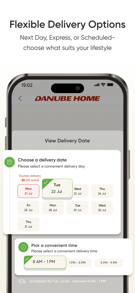Danube Home - Smartphone screen showing the Danube Home app interface for selecting flexible delivery dates and time slots