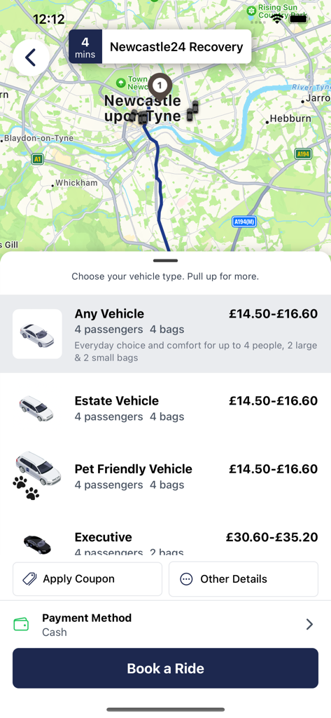 Blueline Taxis - Blueline Taxis app screen showing a map of Newcastle upon Tyne and vehicle options like Any Vehicle Estate and Executive with their estimated fares