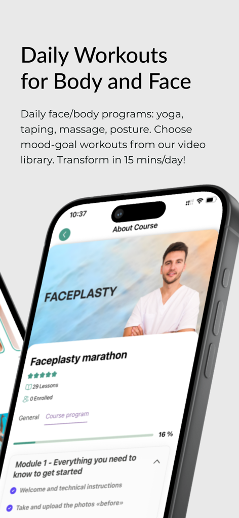 MindBodyFace+ - MindBodyFace app interface showing daily face and body workout courses and a faceplasty marathon