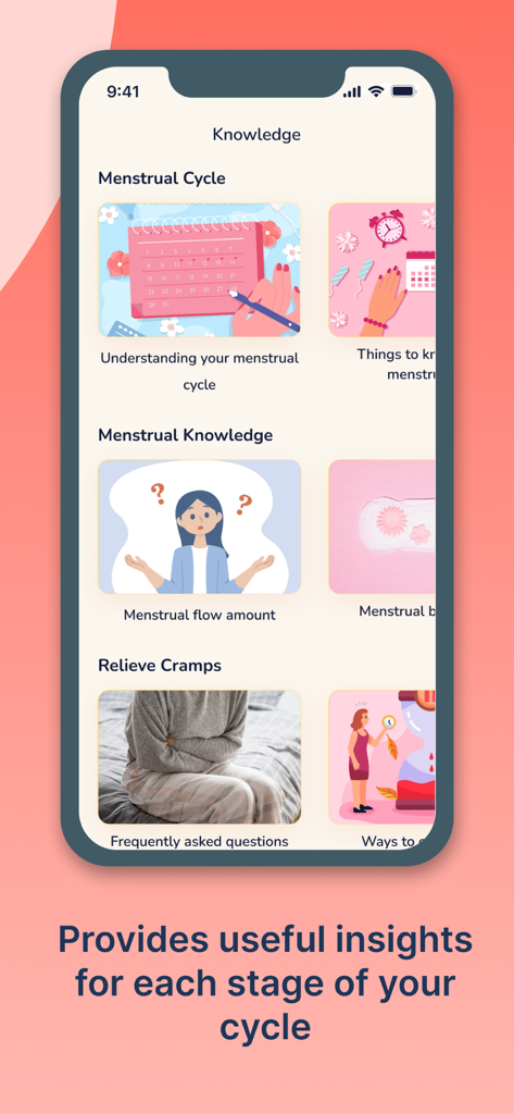 Period Cycle Calculator - Seção de conhecimento do aplicativo Calculadora de Ciclo Menstrual com artigos educacionais sobre ciclos menstruais e dicas de saúde.