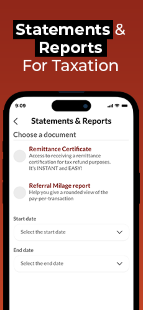 JRF Wallet - JRF Wallet mobile app screen for generating taxation reports and remittance certificates with date selection options.