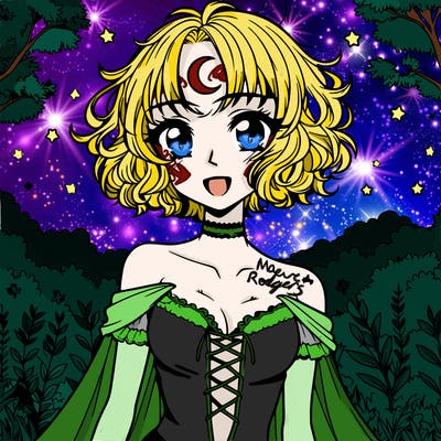 anime female vampire, short curly hair, crescent moon tattoo on forehead, in nature