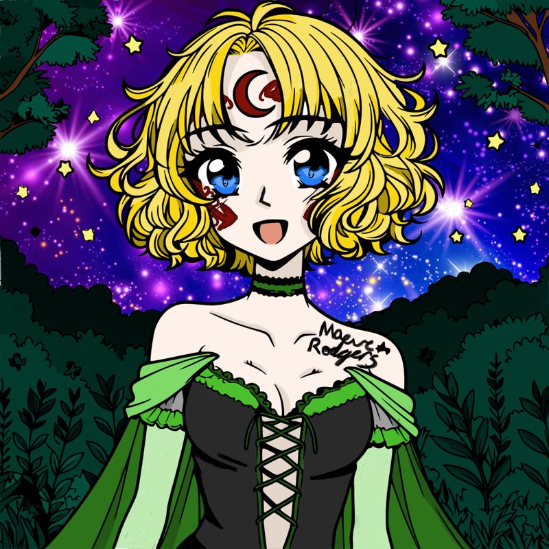 anime female vampire, short curly hair, crescent moon tattoo on forehead, in nature