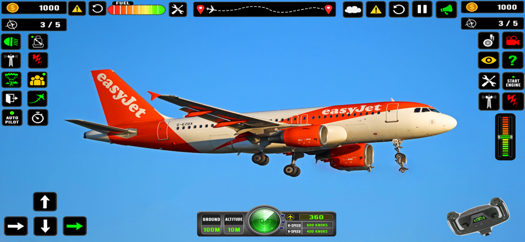 Commercial airplane flying in a clear blue sky with a detailed flight simulator user interface and controls