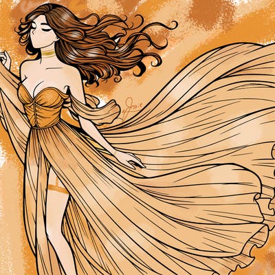 realistic woman in dress flowing the the wind